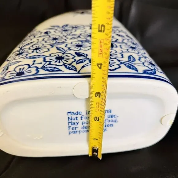 14.5” Tall Blue White Chinoiserie Floral Flower Leaf Porcelain Vase Unique Form